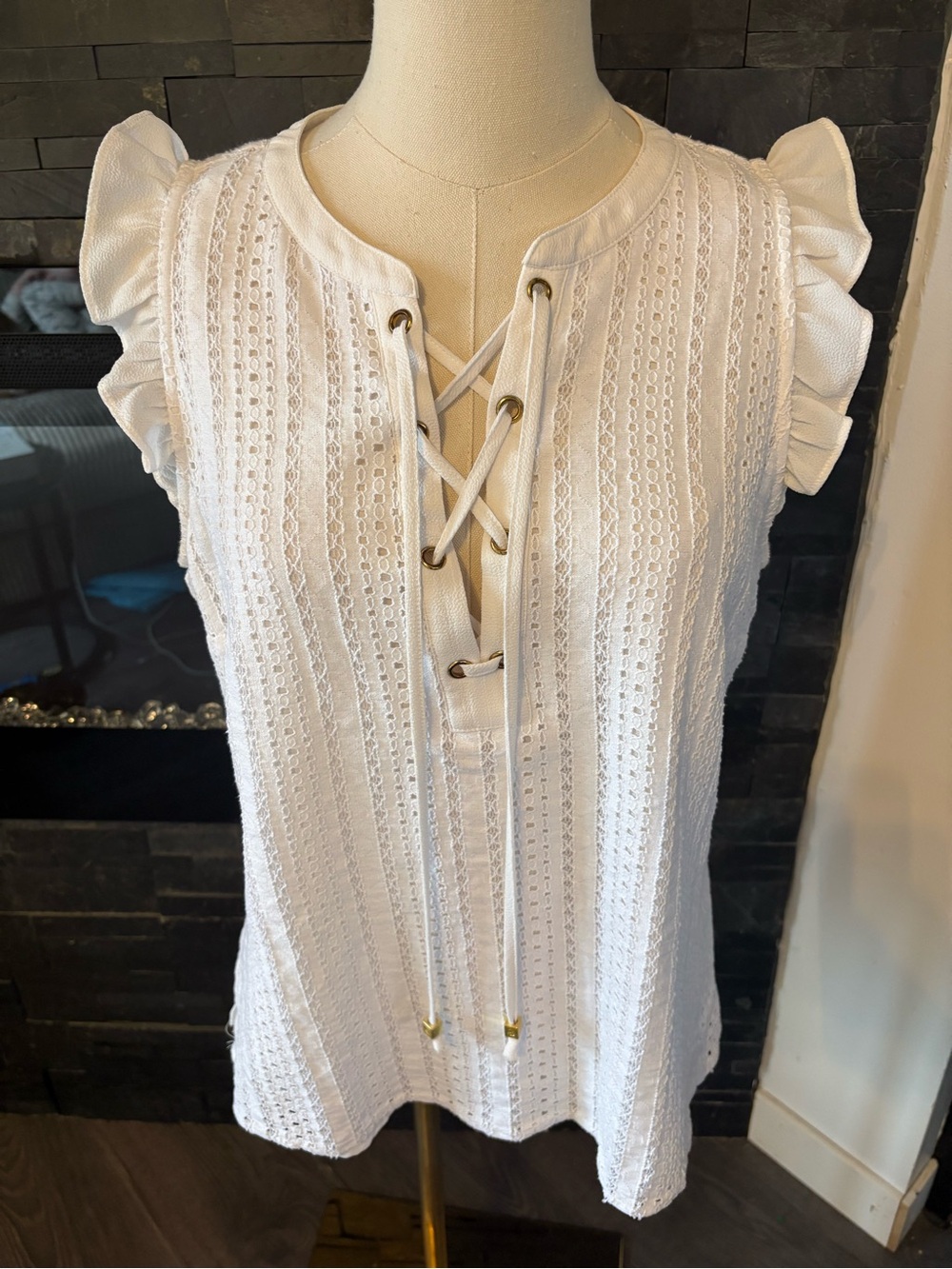 NWT Michael kors white Lace Knit Lace-Up Ruffle Sleeve Top